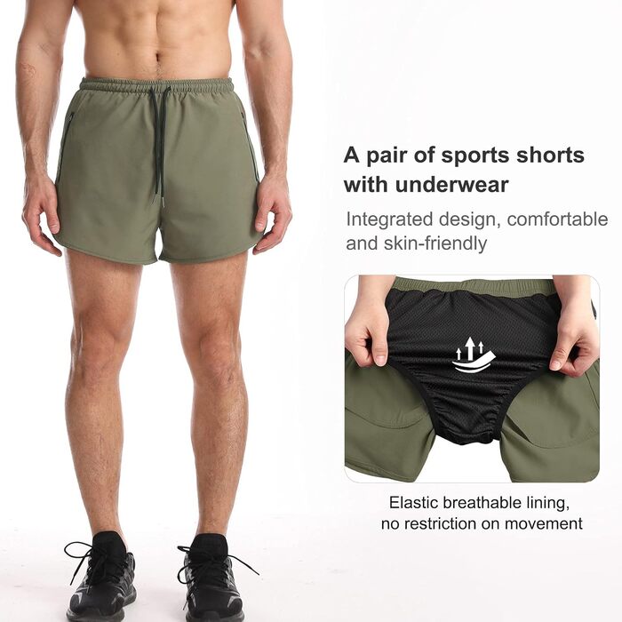 Шорти спортивні чоловічі Suwangi, короткі, швидковисихючі, з внутрішньою сіткою, спортивні штани з кишенею (S, Зелений)