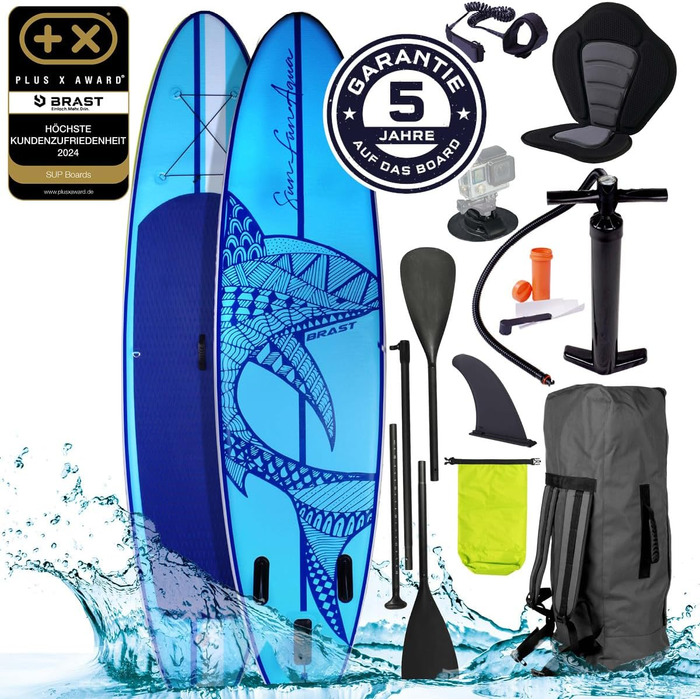 Надувна SUP-дошка BRAST Shark 300-320 см, комплект для веслування стоячи, 2-в-1 весло, сидіння для каяка, кріплення для екшн-камери, ремінець на ногу, насос, рюкзак, 5 років гарантії
