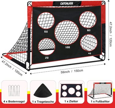 Дитячі футбольні ворота CATCHLUCK 2-в-1 для саду, 150x120x120 см, з 5 отворами для ударів, сумкою та кілочками, червоні