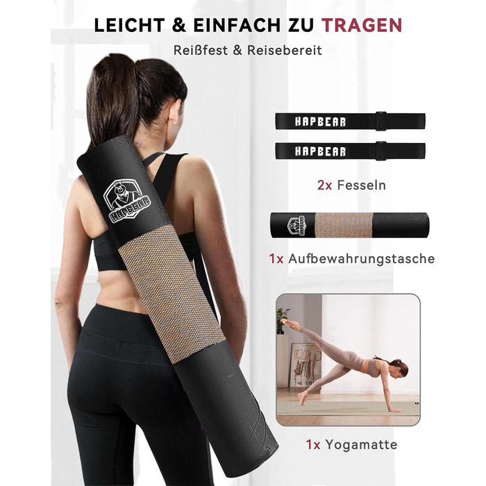 Великий килимок для йоги та фітнесу HAPBEAR Yogamatte XXL, протиковзкий мат для спорту та гімнастики, PVC, 8 мм товщина