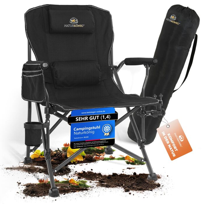 Зручний складаний стілець для кемпінгу та риболовлі, 160 кг, з подушкою та кишенею для напоїв (Чорний)