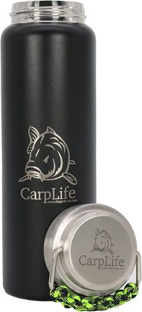 Термос-бутилка CarpLife 600 мл з нержавіючої сталі, подвійні стінки, ручка з паракорду, подарунок для рибалки (неонова та чорна ручка)