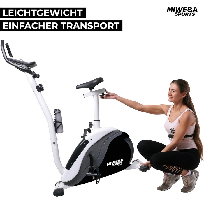 Велотренажер Miweba Sports ME400 з магнітним опором, 12 кг маховик, до 150 кг, LCD-дисплей, керування через додаток, пульсометр, для дому, чорний/білий