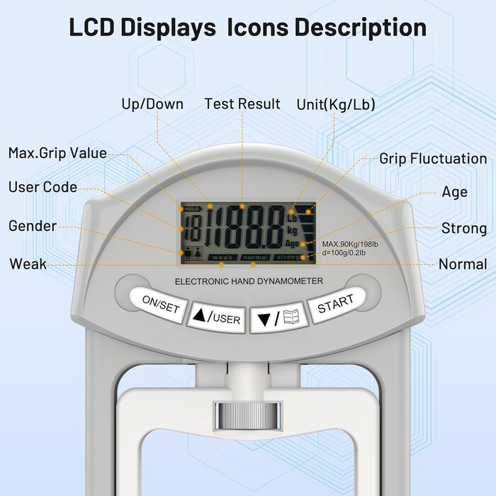 Електронний динамометр Kuptone 90кг / 200lbs з набором дисків для вимірювання сили стискання руки