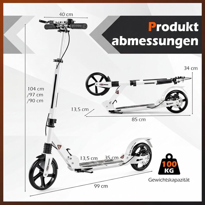 COSTWAY Розкладний електросамокат для дітей та дорослих, білий. Самокат з дзвінком, підніжкою, вантажопідйомністю 100 кг та ременем для перенесення