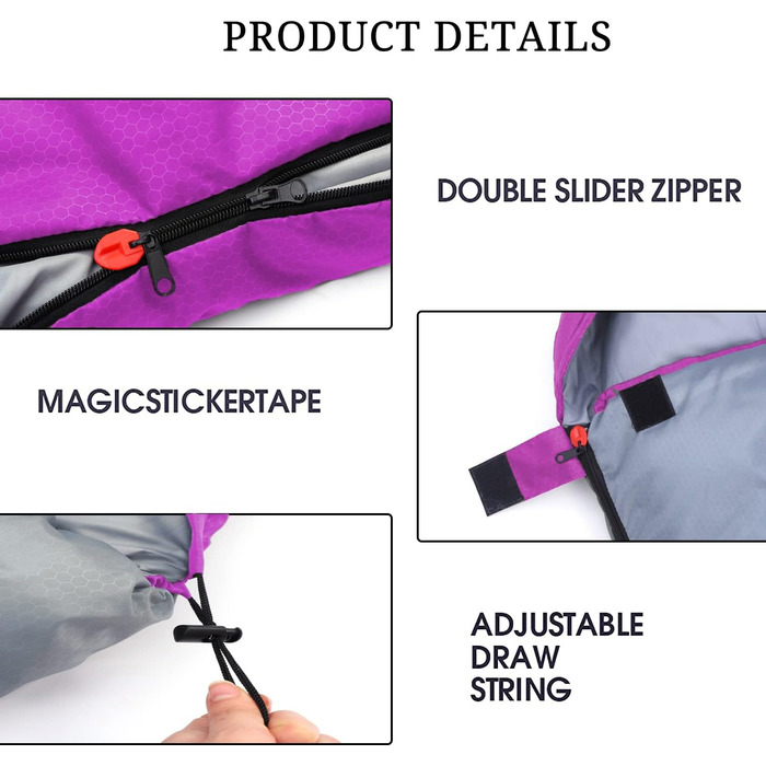 Спальний мішок 3-4 сезони для дорослих та дітей - легкий, водонепроникний, для кемпінгу та подорожей (86.61''x31.49'', фіолетово-сірий)