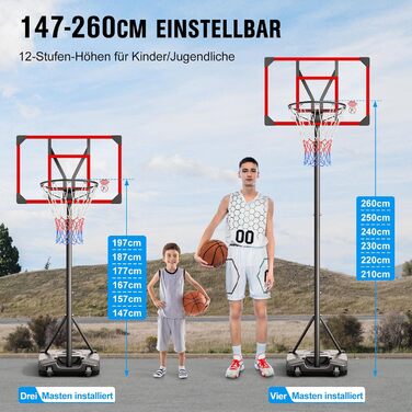 Баскетбольний кошик Outdoor з підставкою, регульована висота 147-260 см, ударостійка задня стінка 82x53 см, збільшений діаметр та колеса, для гри в приміщенні та на вулиці, червоний