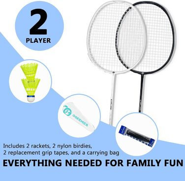 Набір для бадмінтону OGEENIER: 2 ракетки, 2 обмотки, 2 волана, 1 ракетка з сумкою (білий/чорний)