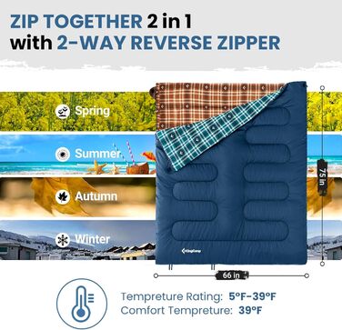 Сплячий мішок KingCamp для дорослих, для холодної погоди, великий XL для високих та повних, фланелевий, з компресійним мішком, водонепроникний, для кемпінгу (190,5 x 83,8 см, морський блакитний, права блискавка)