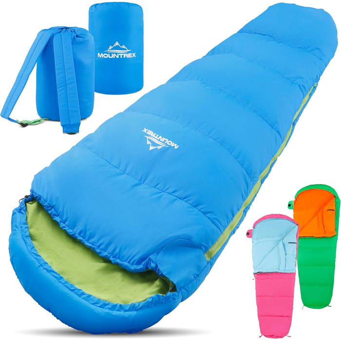 Дитячий спальний мішок MOUNTREX® - зручний та легкий, 175x70x45 см - для подорожей, кемпінгу, відпочинку на природі. 100% бавовна, блакитний/зелений