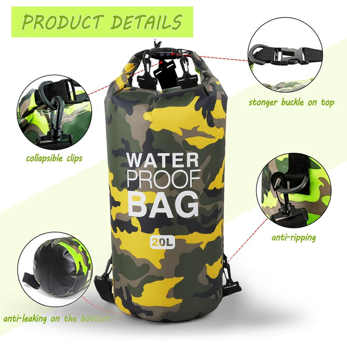 Водонепроникний мішок Dry Bag 10L/20L з регульованим плечовим ременем для плавання, рафтингу, кемпінгу, риболовлі, катання на човні, піших прогулянок та каякінгу (Жовтий)