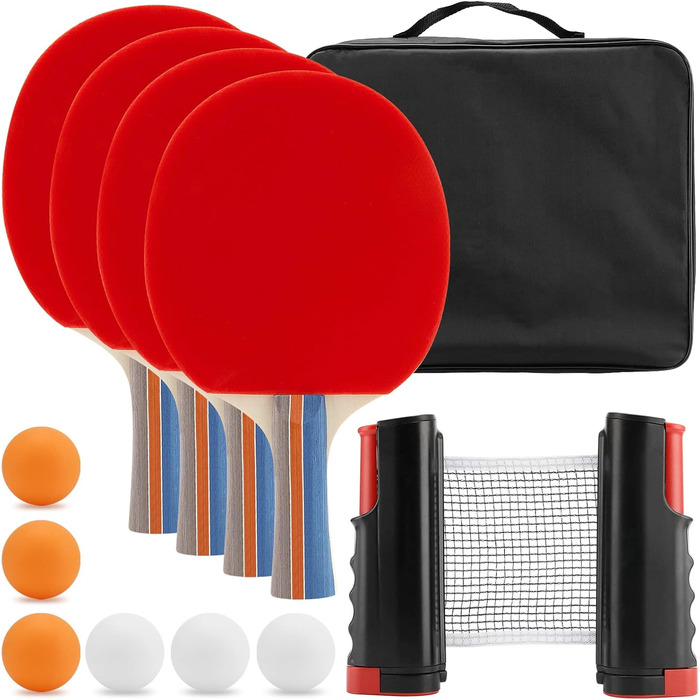 Набір для настільного тенісу MUKLEI: 4 ракетки, 6 м'ячів, розкладне сітка 175 см, сумка для перенесення. Підходить для гри на столі та на вулиці.