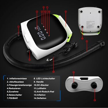 Електрична повітряна помпа SUP з акумулятором 4000mAh, 20PSI, для SUP-дошок, каяків, надувних матраців, наметів, драконів. Автоматичне вимкнення, перезаряджається.
