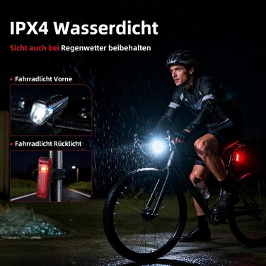 Набір переднього та заднього велоліхтаря з LED, StVZO, USB-C, водонепроникний, 100Lux + гальмівний індикатор, з батареєю