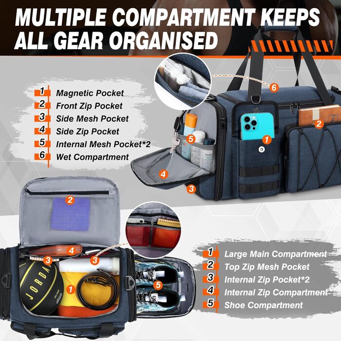 Спортивна сумка RAINSMORE 40L, водонепроникна, з відділенням для взуття, для чоловіків та жінок, для фітнесу, плавання, подорожей