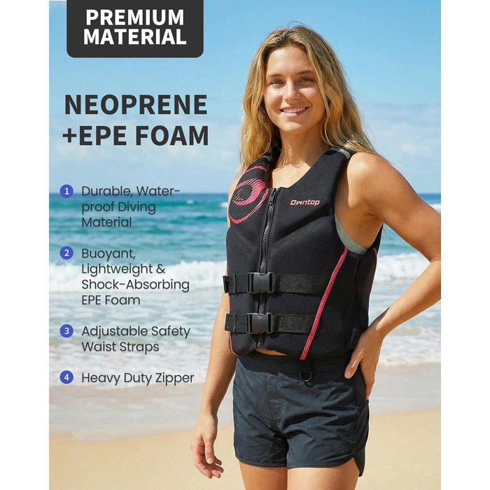 Owntop Жилет рятувальний для дорослих | Легкий неопреновий жилет | Складаний засіб плавучості з подвійними страховими ременями | Жилетка для водних видів спорту, каякінгу, риболовлі, веслування (Рожевий, L)