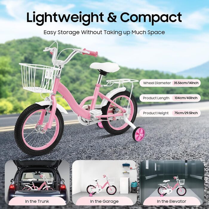 Дитяче велосипед 14 дюймів з додатковими колесами та кошиком, рожевий. Підходить для дітей 3-7 років, регульована висота сідла.