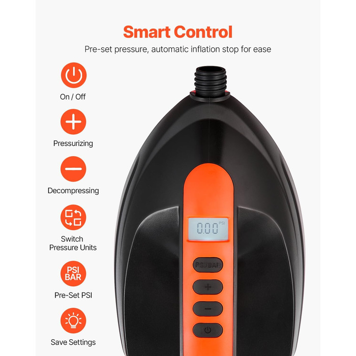 Електрична SUP-насос VEVOR з USB-виходом, 2-ступеневий насос для надувних SUP-дошок, наметів з автоматичним вимкненням та LED-підсвіткою (20 PSI)