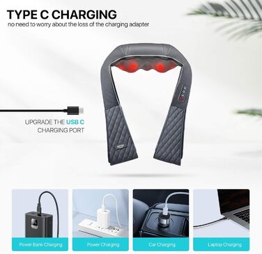 Масажер для шиї та спини ALLJOY з підігрівом, акумуляторний (2200mAh), бездротовий, Шиацу масаж, Автовимкнення (20хв) + чохол, Сірий