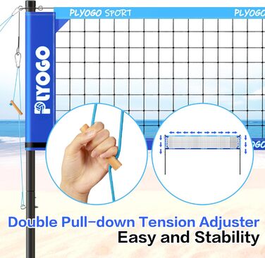 Волейбольна сітка PLYOGO для вулиці, професійна портативна волейбольна сітка з регульованими алюмінієвими стовпами, антипровисаюча конструкція, подвійний регулятор натягу для пляжу, трави | Сумка 1680D Blau