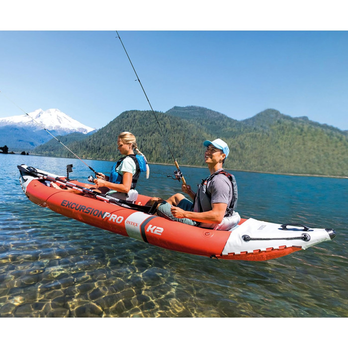 Надувний двомісний каяк INTEX Excursion Pro з веслом 218 см та насосом, SuperTough PVC, з тримачами для вудок та регульованими сидіннями