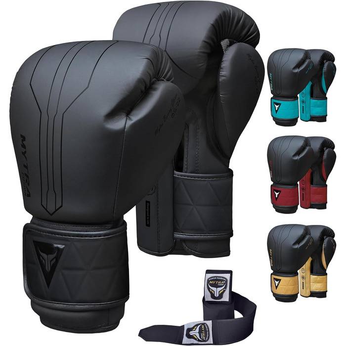 Боксерські рукавички Mytra Fusion 16oz чорні з бинтами, для MMA, Муай Тай, кікбоксингу, чоловічі та жіночі, тренувальні