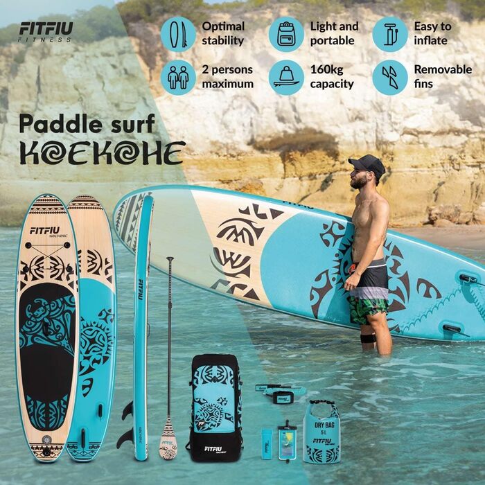 Надувна SUP-дошка Fitfiu Fitness KOEKOHE 320x81x15 см, маорі, комплект: весло, насос, 3 плавці, аксесуари