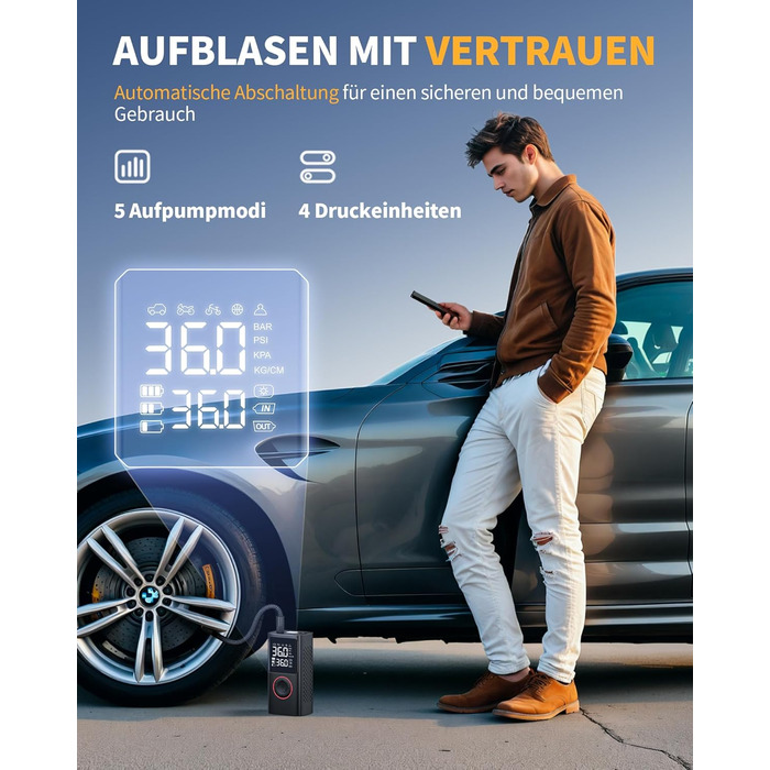 Бездротова електрична повітряна помпа Powools 150PSI з LED-ліхтариком та автостопом, акумуляторна помпа для велосипеда, електровелосипеда, авто, мотоцикла, м'ячів, чорна