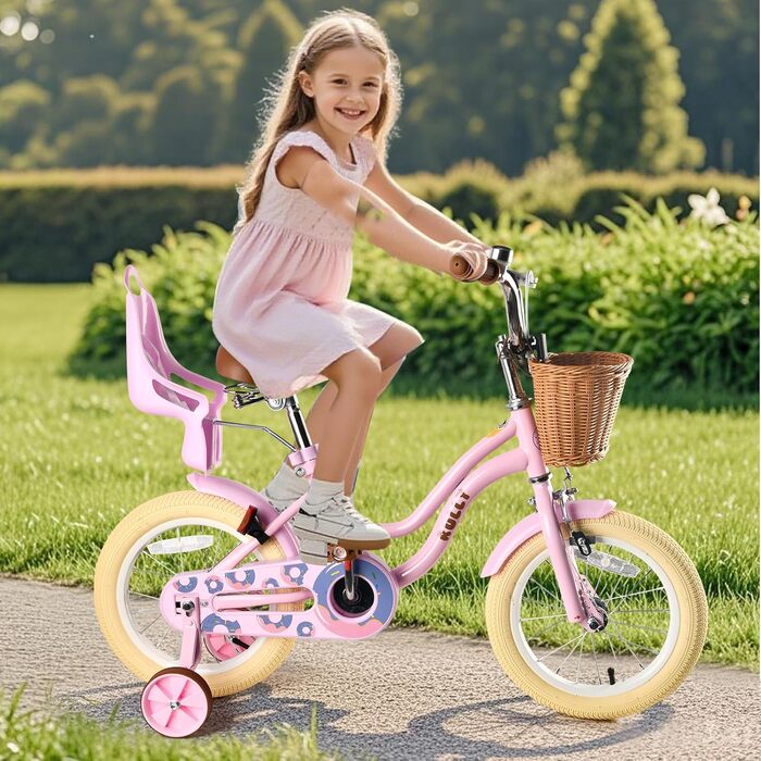 Дитяче велосипед RULLY для дівчаток 12 дюймів з додатковими колесами, кошиком та сидінням для ляльки, регульоване сидіння, 2-7 років, рожевий/фіолетовий/блакитний
