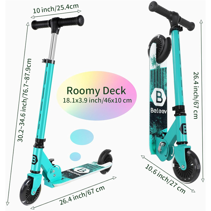 Белеїв V2 Роликовий Самокат для Дітей 6 років, з LED-підсвічуванням, регульована висота, гальма, для дівчаток та хлопчиків 3-12 років (Аква)
