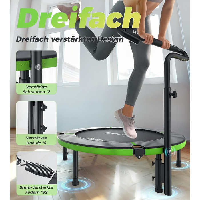 Міні-батут BCAN для дому, 102 см, складний, для дорослих, з регульованою ручкою, до 150 кг, для фітнесу та тренувань