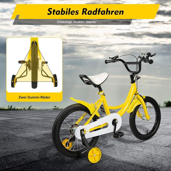 Дитячий велосипед 16 дюймів для дітей 5-8 років (105-135 см), міцний сталевий велосипед з додатковими колесами, регульоване сидіння та кермо (жовтий)