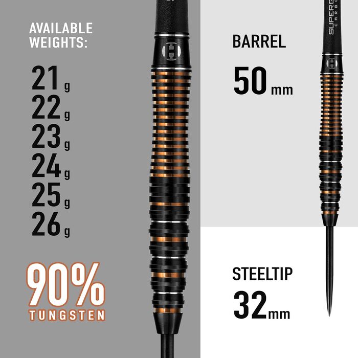 Дротики Harrows Noble 90% вольфрам, чорні, сталевий наконечник, набір 21-26 г, карбонові шaftи, 100 мікрон, для дартсу