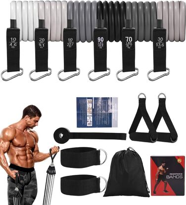 Набір фітнес-гумок 6 шт., гумки для фітнесу з 6 рівнями опору 270 LBS, з дверними фіксаторами, ручками, кісточками, ідеально підходить для нарощування м'язів, пілатесу, фізіотерапії для домашнього спортзалу та тренувань на відкритому повітрі