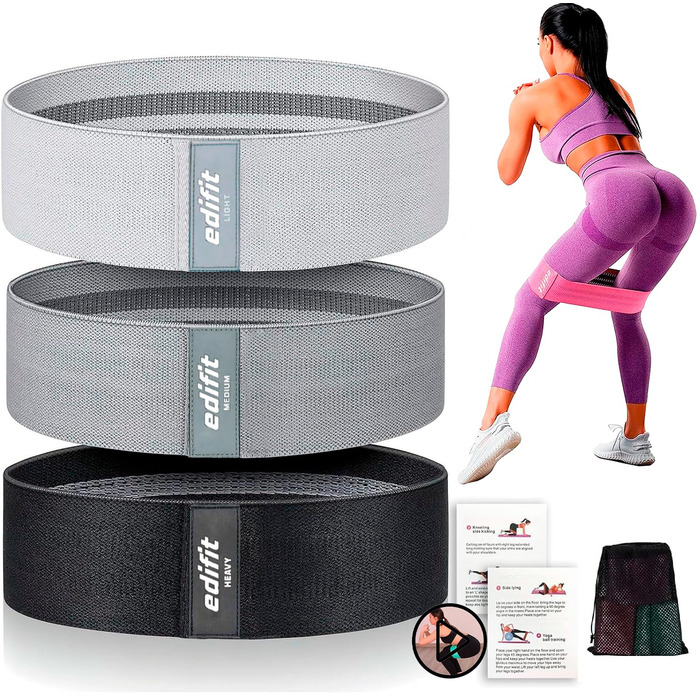 Еспандери Edifit Fitnessbänder 3 рівня опору для фітнесу, йоги, пілатесу (чорний, сірий, світло-сірий)