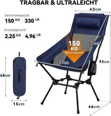 Складний туристичний стілець Hochlehner з підголівником, 150 кг, ультралегкий, портативний, для кемпінгу, риболовлі, пляжу, відпочинку на природі та піших прогулянок (Indigoblau)