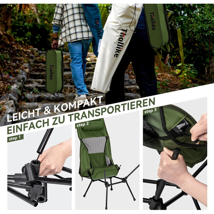 Крісло для кемпінгу Hochlehner, складне, 150 кг, ультралегке, портативне, з підголівником та двома кишенями, компактне рибальське крісло, для кемпінгу, пляжу, відпочинку на природі та піших прогулянок (колір: хакі)