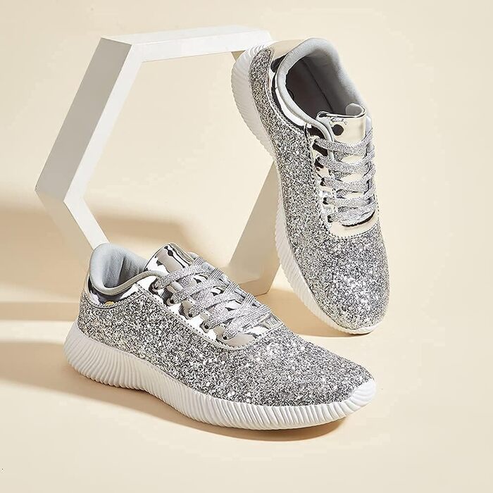 Кросівки жіночі срібні LUCKY STEP з блискітками та стразами, легкі тенісні кеди 40 EU