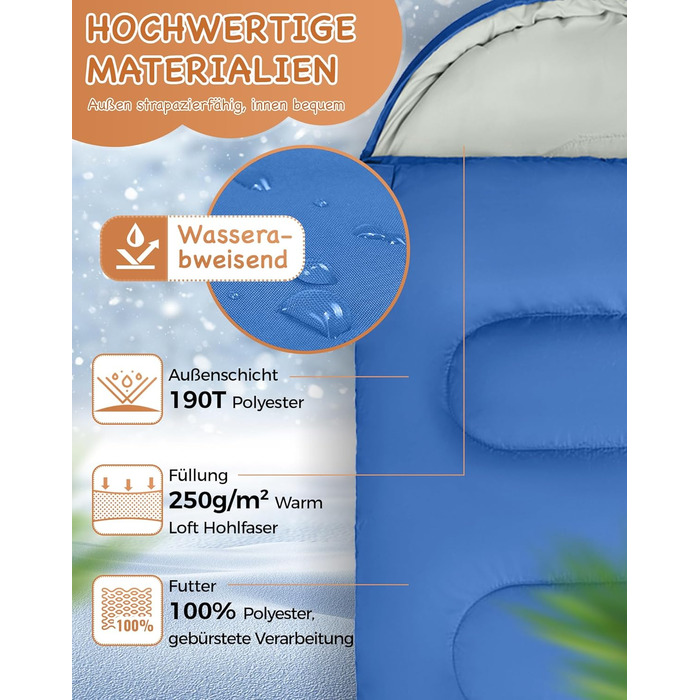 Сплячий мішок KingCamp для дітей, легкий, теплий, 3-4 сезони, для кемпінгу та піших прогулянок (Блакитний L)