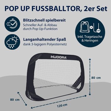 Ворота для футболу Hudora Pop Up 2 шт. - Складні футбольні ворота для дітей та дорослих - Комплект воріт для футболу в сад з сумкою та кілками - Ворота для футболу в сад/парк/пляж (Чорний)