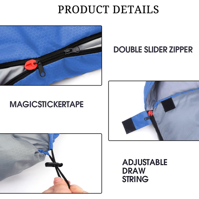 Спальний мішок 3-4 сезони для дорослих та дітей, блакитно-сірий. Легкий, водонепроникний, компактний для кемпінгу та подорожей. Розмір 219.9 x 79.9 см