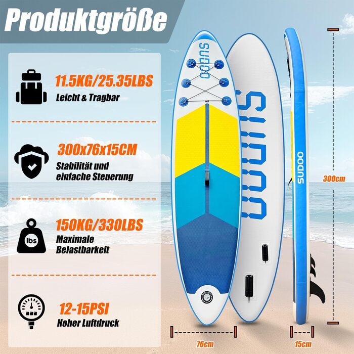 Надувний SUP Борд для вейкбордингу (2+1 особи/сім'ї), Surfboard для дорослих, вантажопідйомність до 150 кг, повний комплект з веслом, плавниками та рюкзаком (SUP20YG-Blue White)