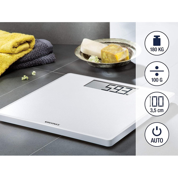 Електронні ваги для зважування Soehnle Style Sense Safe 100, з великою LCD-індикацією, нековзні ніжки, плоский дизайн, білі