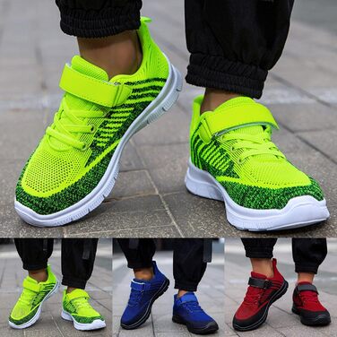 Дитячі кросівки YueYue для хлопчиків та дівчаток: спортивні, зала, повсякденні, легкі, сітка, біг, дихаючі, плоскі, з товстим дном, антиковзкі, на липучці, зелені, розмір 33 EU, колір Hot Rosa B