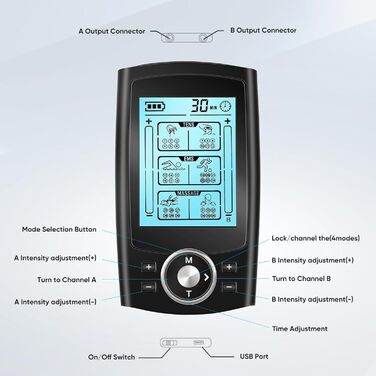 EMS масажер TENS з 36 програмами та 10 електродів для зняття болю та масажу, 2 канали, акумуляторний