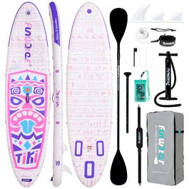 Надувний SUP Борд FunWater 10'6'-11'6' – для початківців та сімей, з антиковзким EVA-деком, веслом, насосом та аксесуарами (10'6-TIKI-Pink/Violett/Weiß)