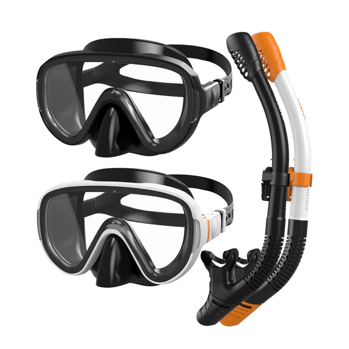 Набір для снорклінгу G2RISE для дорослих: маска та трубка, жорсткі лінзи, регульована застібка, чорний+біло-помаранчевий
