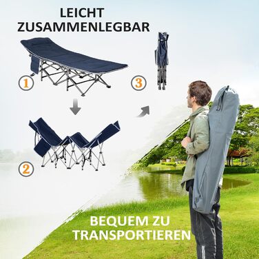 Розкладне туристичне ліжко Outsunny з подушкою та кишенею, 188x64.5x53 см, блакитне. Макс. вага 150 кг