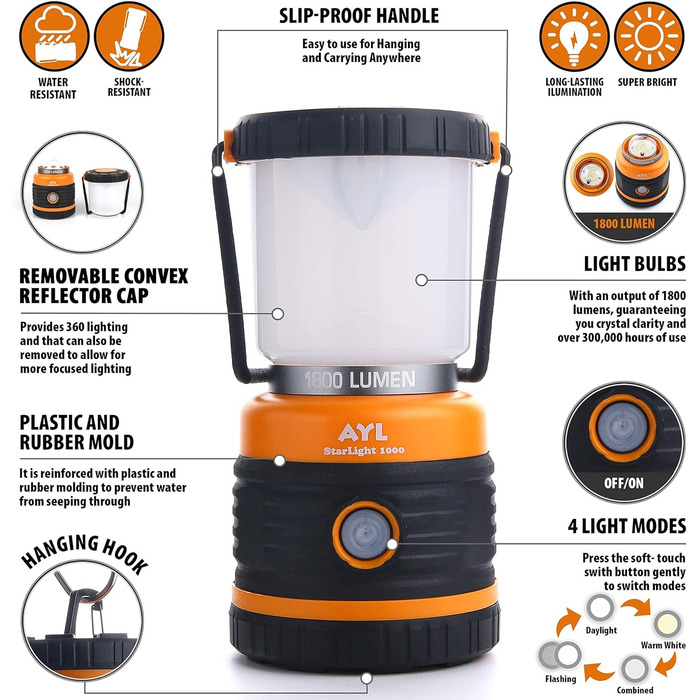 Ліхтар кемпінговий AYL LED 1800 LM з Power Bank 4400 mAh - 4 режими, водонепроникний IP44, для походу та надзвичайних ситуацій