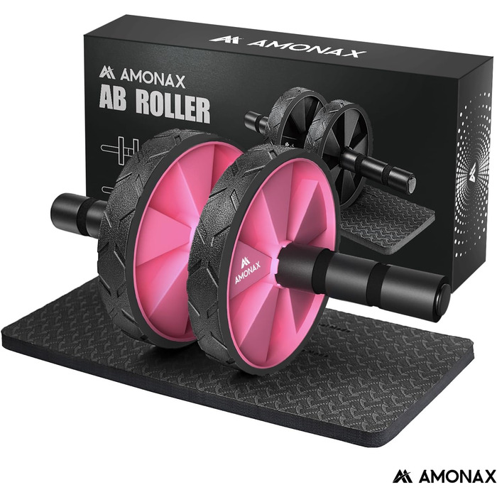 Ролик для пресу Amonax, тренажер для живота, колісо для пресу з килимком для колін, для чоловіків та жінок, тренування пресу (Рожевий)